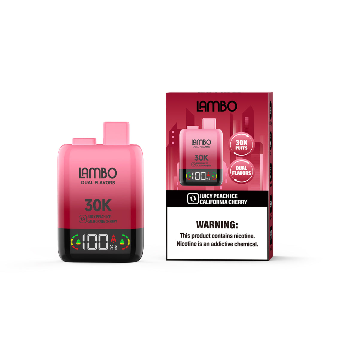 LAMBO Dual Flavors 30K Puffs Disposable 5% -Juicy Peach Ice & California Cherry